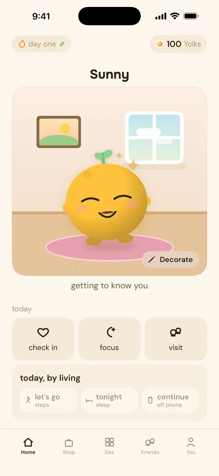 the yolkling app home screen: your little guy in his room, with check in, focus and visit