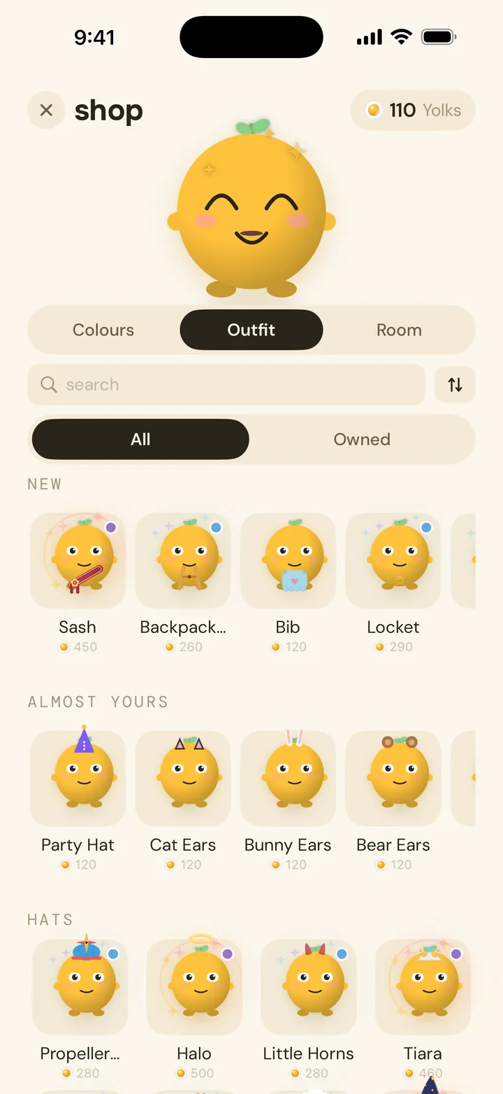 the shop: colours, outfits and room items, paid for in yolks