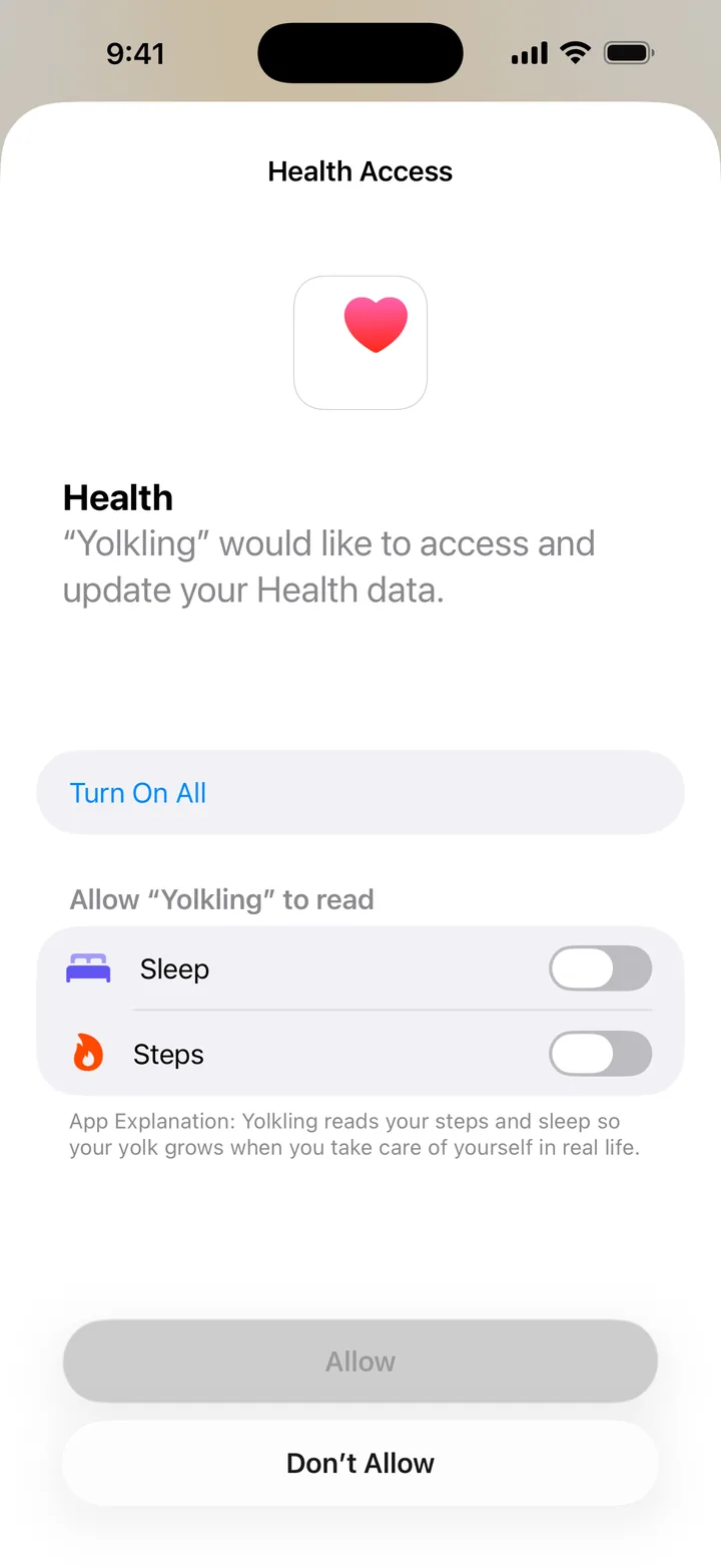 apple's health permission sheet: yolkling asks to read only sleep and steps