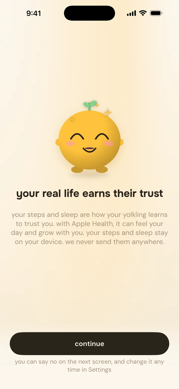 the yolkling app asking to connect Apple Health: your real life earns their trust