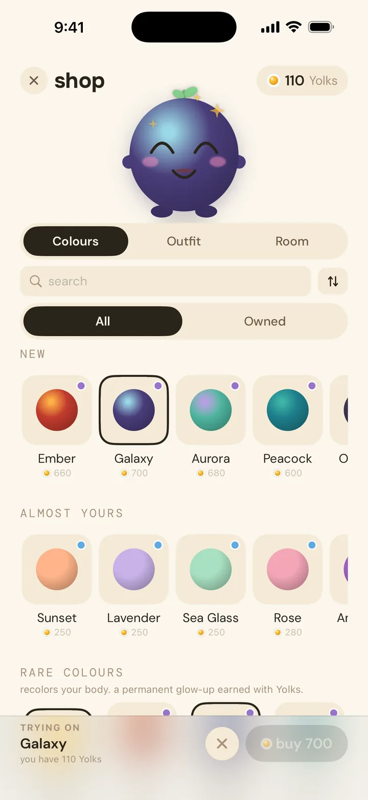 the shop's colours tab, previewing the rare galaxy colour on the yolkling
