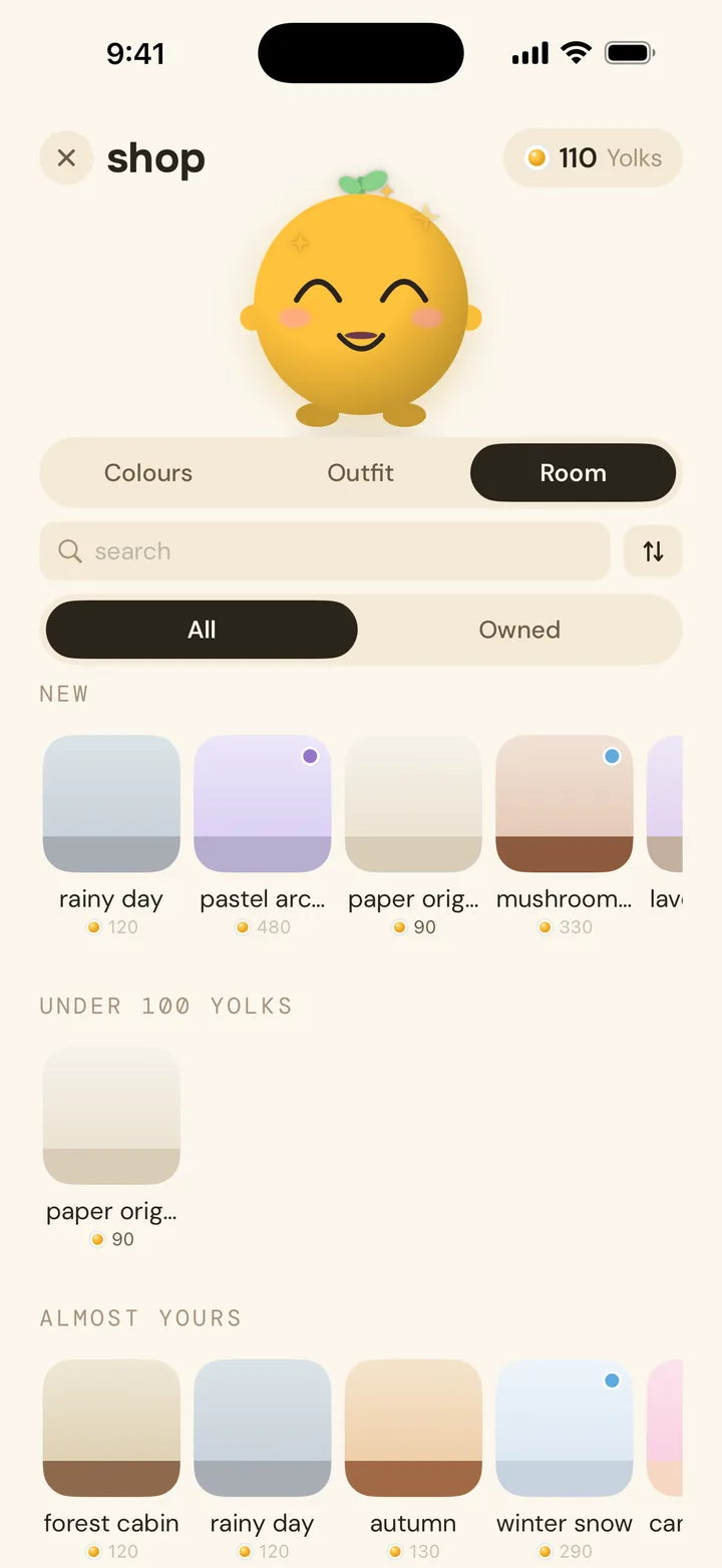 the shop's room tab: themes like rainy day, pastel arcade and forest cabin