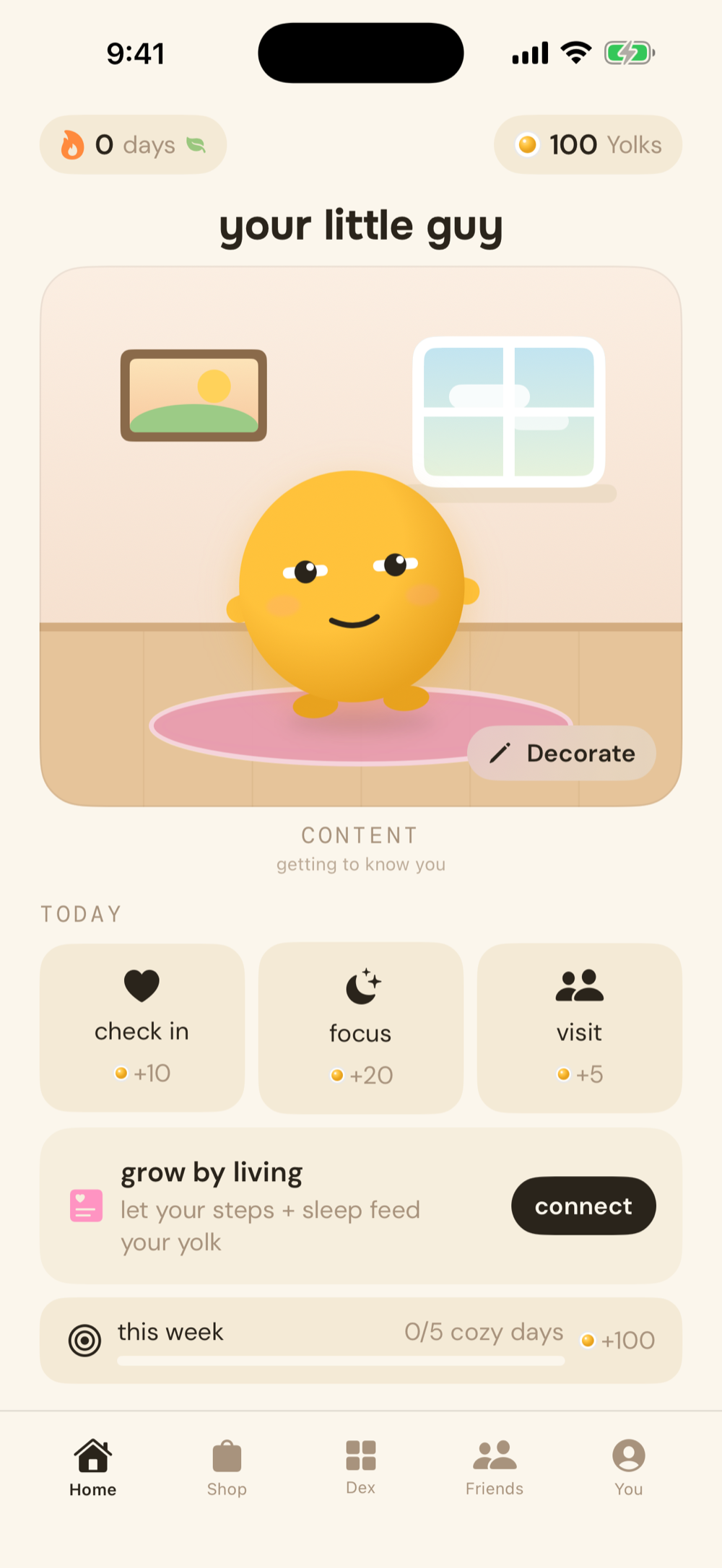 your yolk at home with daily check in, focus and visit